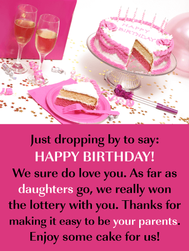 Pink Frosted Cake & Champagne- Happy Birthday Card for Daughter from Parents
